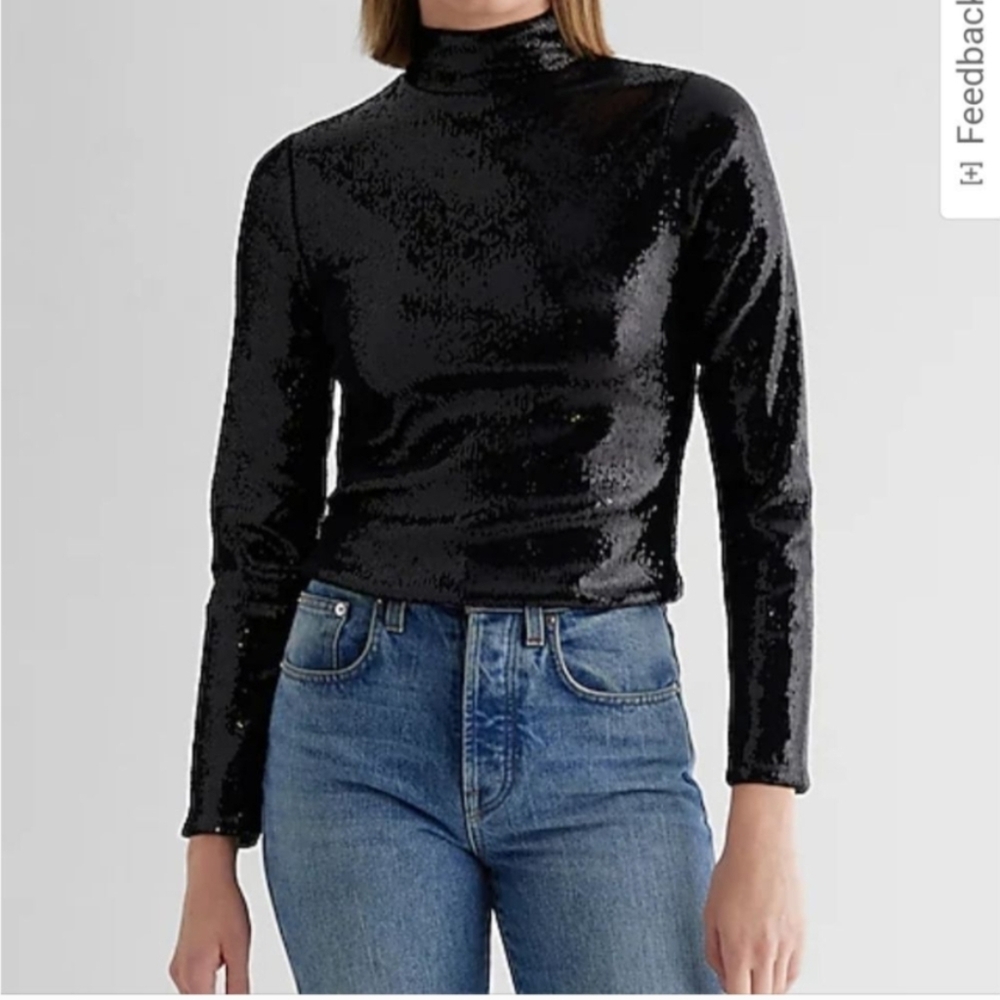 Express Body Contour Black Fill Sequin Long Sleeve Turtleneck Size Medium NWT